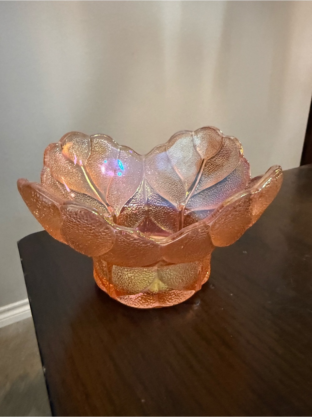 Vintage Iridescent Pink Carnival Glass Leaf Candy Dish Candle Holder LE Smith